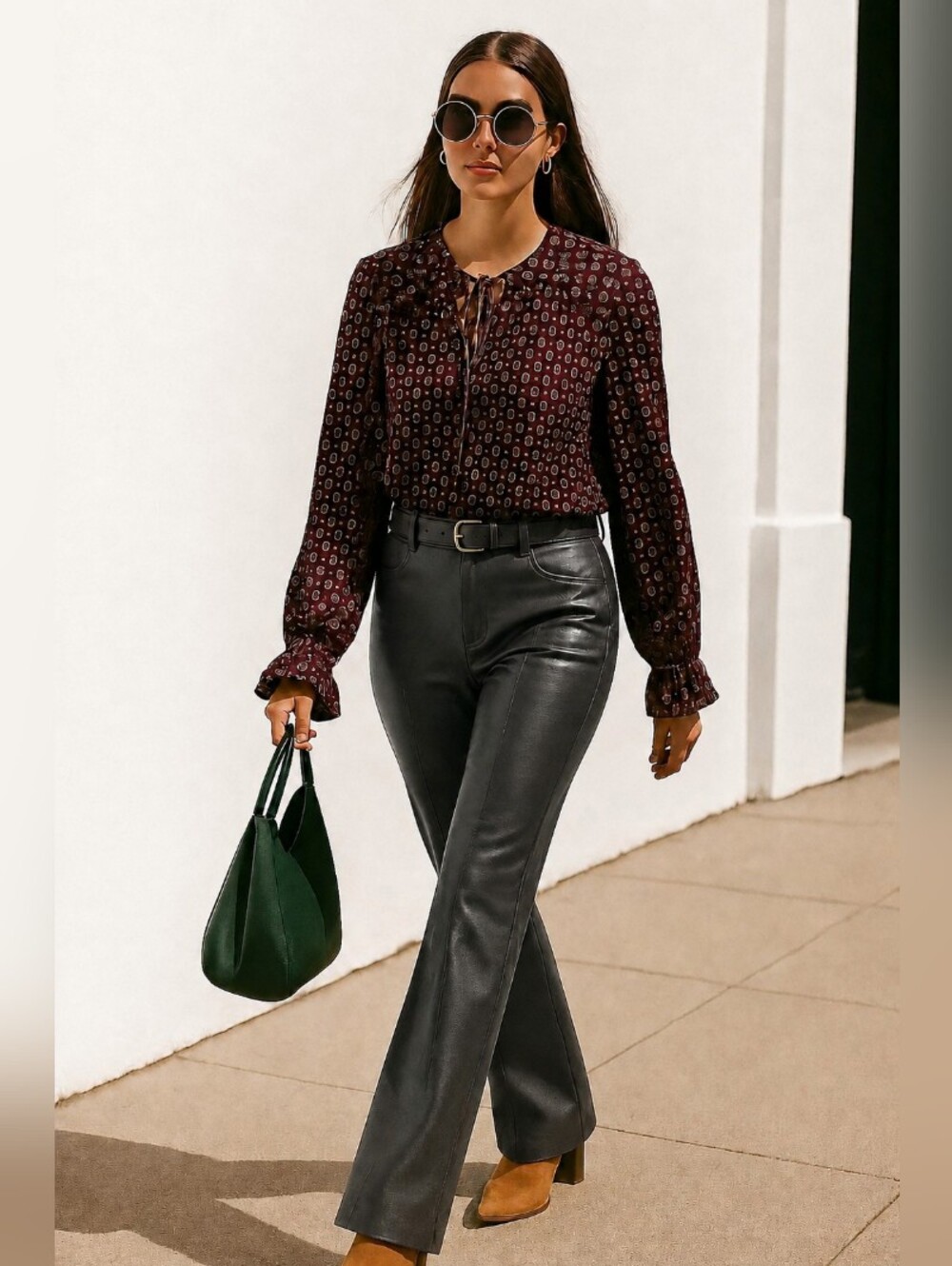 MICHAEL KORS🐞Burgundy Geometric Print Keyhole Blouse with Long Puff Sleeve Sz1x